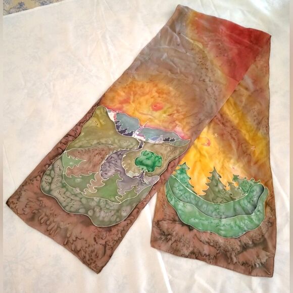 Vintage Handmade 💯 Long Silk Scarf Artisan Landscape - Picture 14 of 14